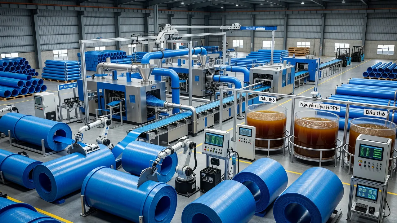 Quy trình sản xuất HDPE với ống nhựa và thiết bị chế biến trong nhà máy sản xuất.