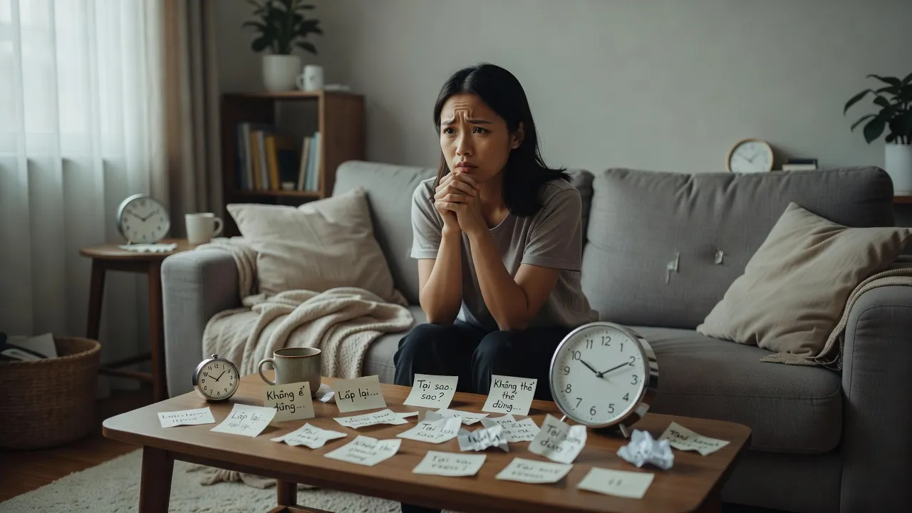 Một người ngồi trên sofa, biểu hiện lo lắng với biểu tượng OCD trong không gian sống thoải mái.