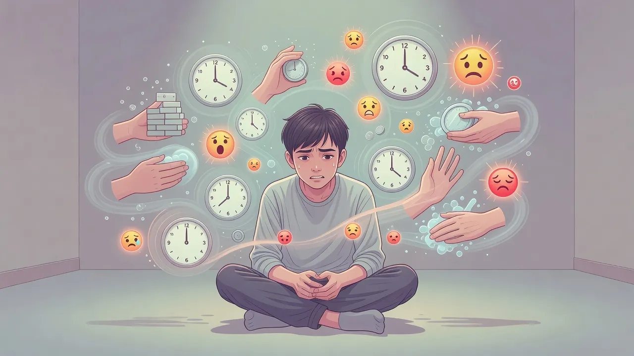 Một người trẻ tuổi thể hiện lo lắng về OCD, biểu tượng hóa suy nghĩ ám ảnh và hành vi cưỡng chế.