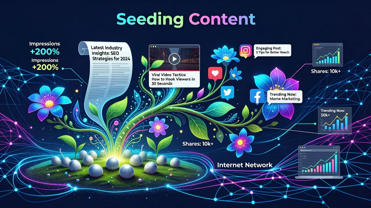 Hình ảnh minh họa khái niệm seeding trong tiếp thị số với hạt giống nội dung và mạng internet.