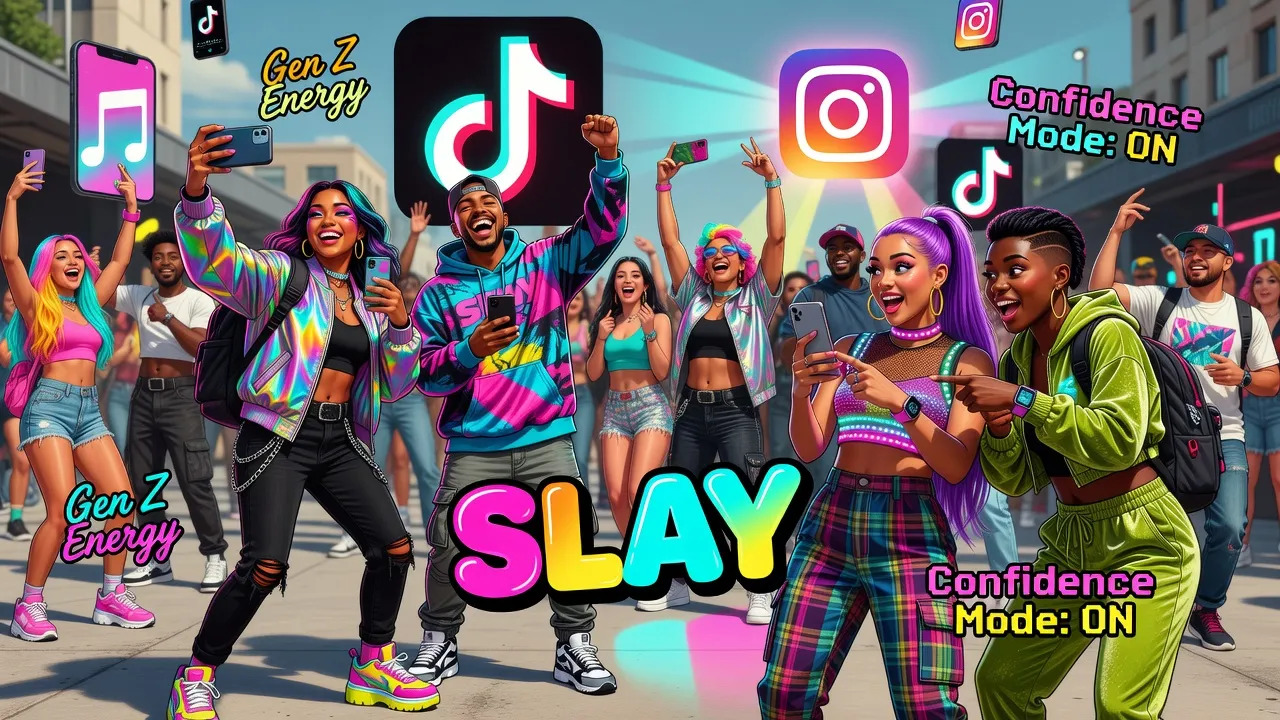 Giới trẻ thể hiện tự tin trên mạng xã hội với biểu tượng TikTok và Instagram, xu hướng slay.