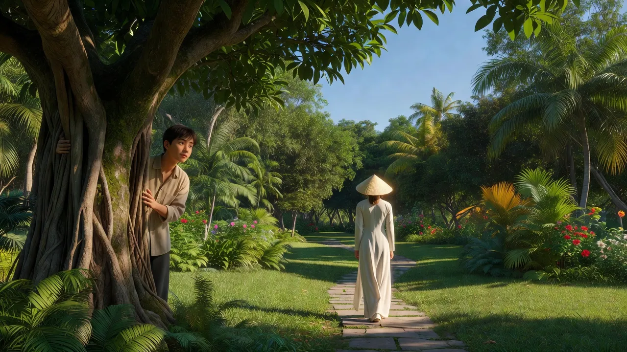 Cảnh công viên ở Việt Nam biểu thị hành vi stalk, người theo dõi lén lút dưới tán cây xanh.