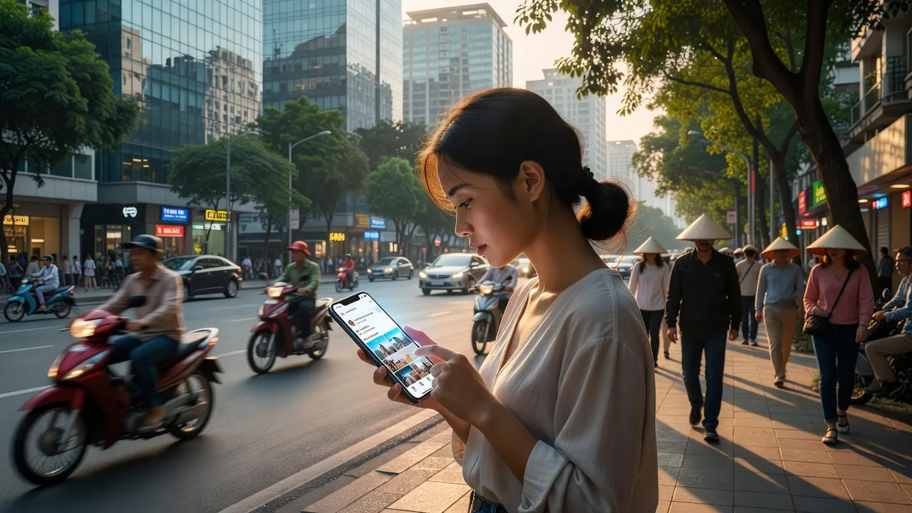 Hình ảnh mô tả hành động stalk trên mạng xã hội tại Hà Nội, thể hiện người dùng trẻ tuổi và công nghệ.