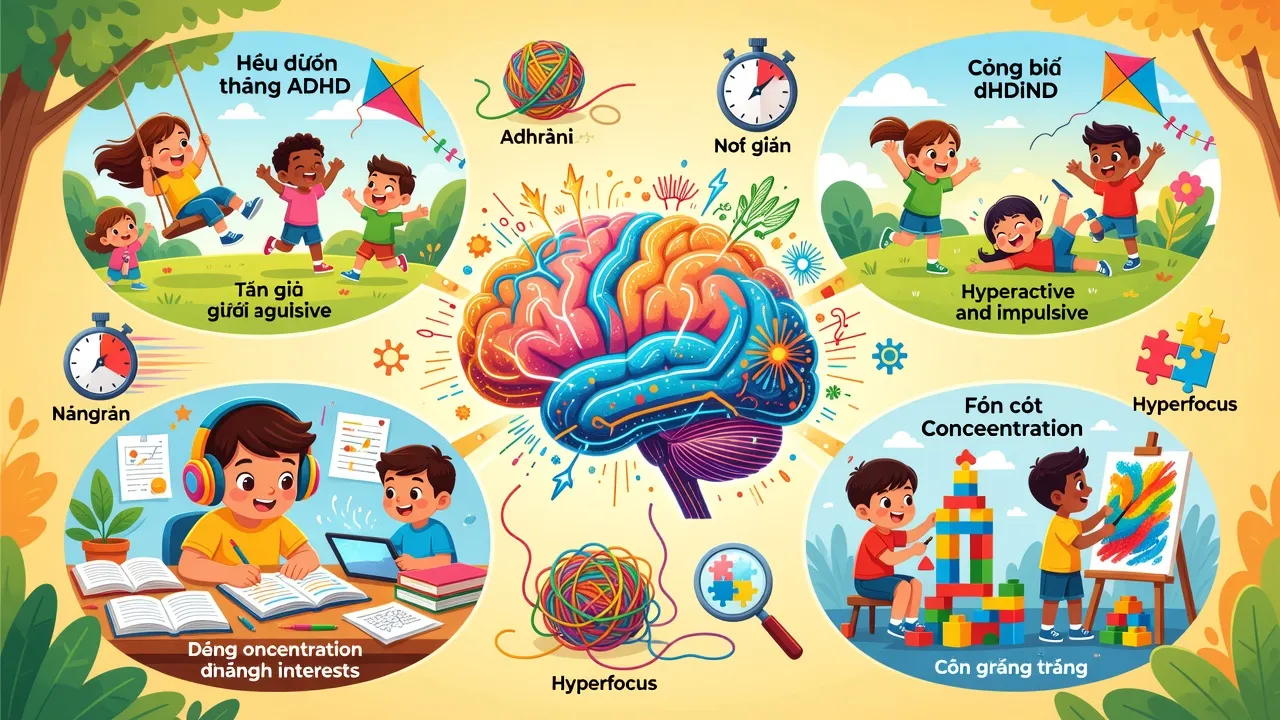 Minh họa ADHD với biểu tượng não bộ, trẻ em, sự hiếu động và học tập trong một môi trường tích cực.