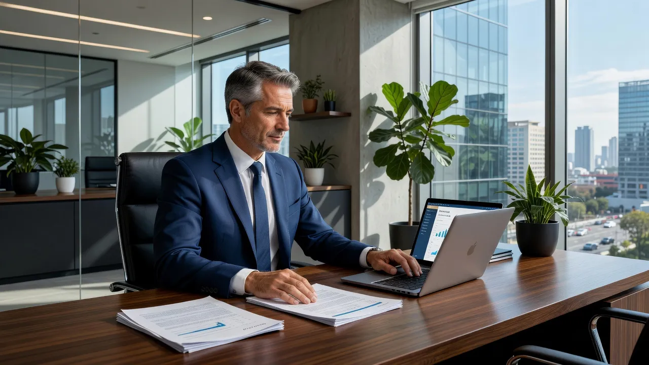 CEO làm việc trong văn phòng hiện đại, thể hiện trách nhiệm và sự lãnh đạo trong doanh nghiệp.