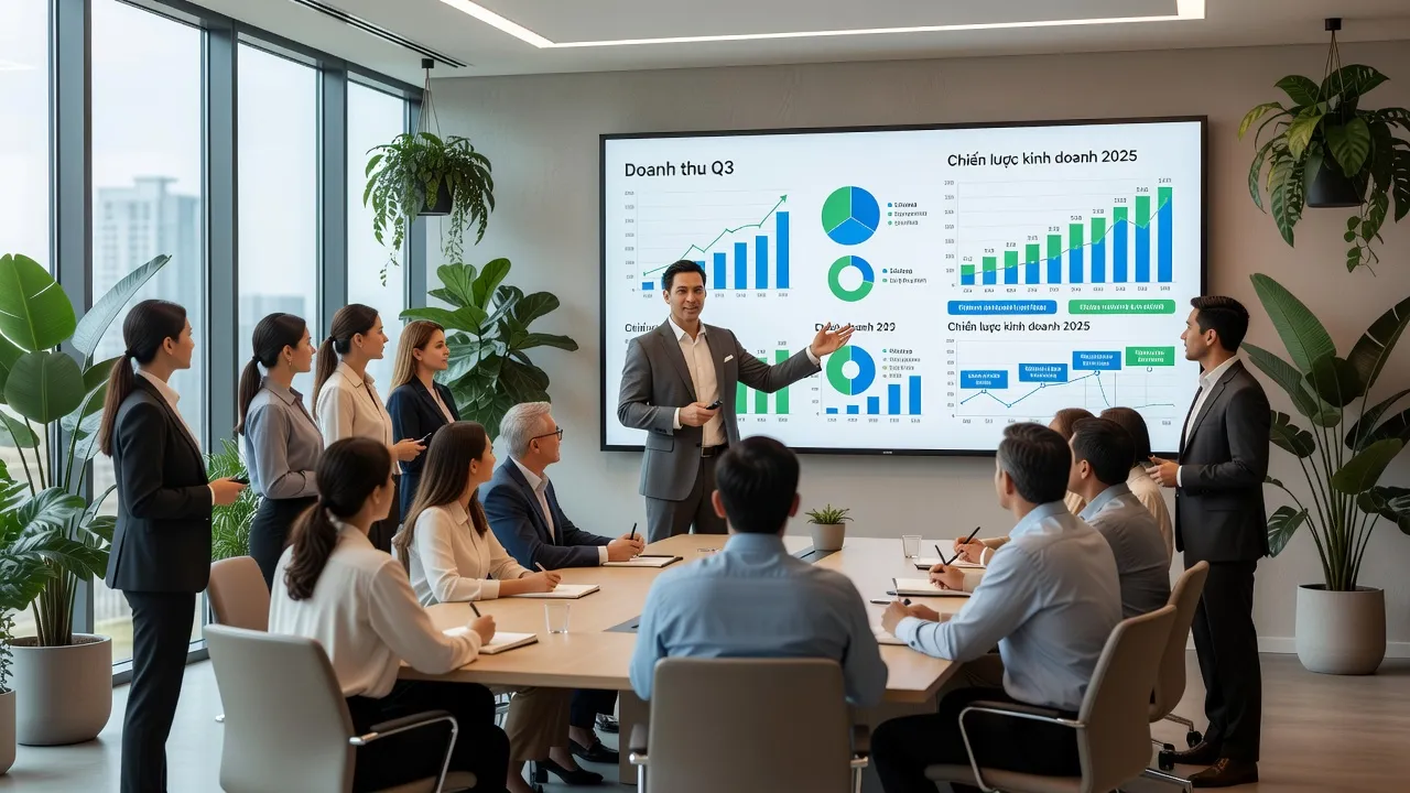 CEO thuyết trình trong văn phòng hiện đại, đại diện cho vị trí lãnh đạo trong doanh nghiệp.