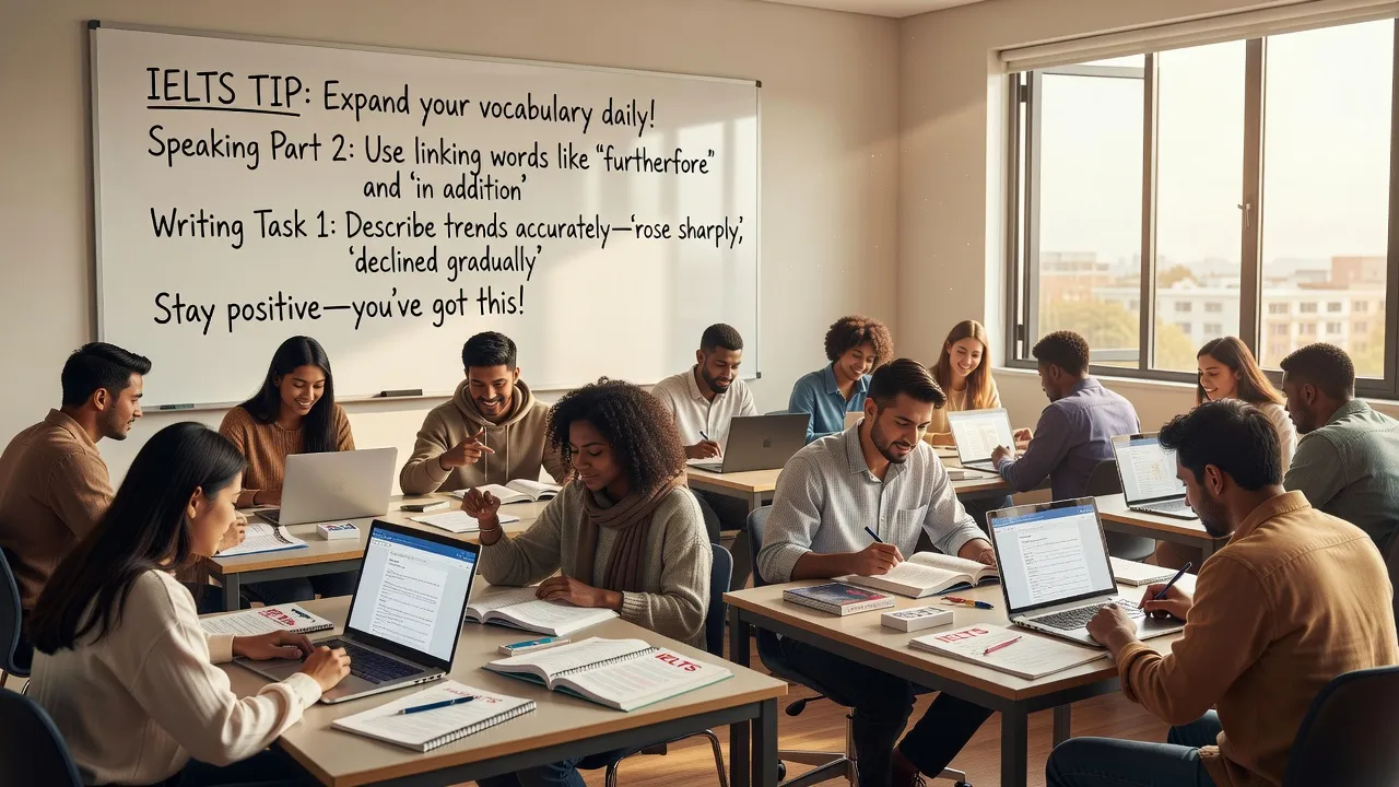 Sinh viên học tập cho kỳ thi IELTS với tài liệu và không gian hiện đại tại lớp học.