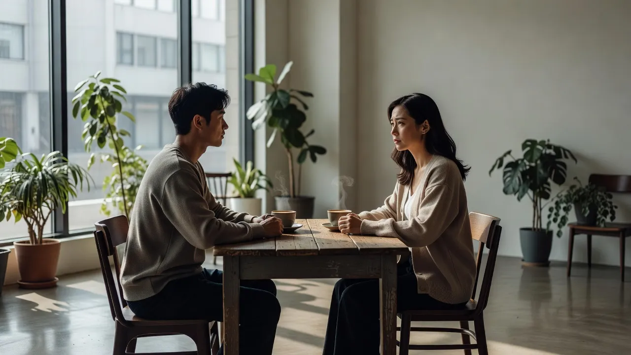 Một quán cà phê yên tĩnh với hai người ngồi im lặng, biểu tượng cho silent treatment trong mối quan hệ.