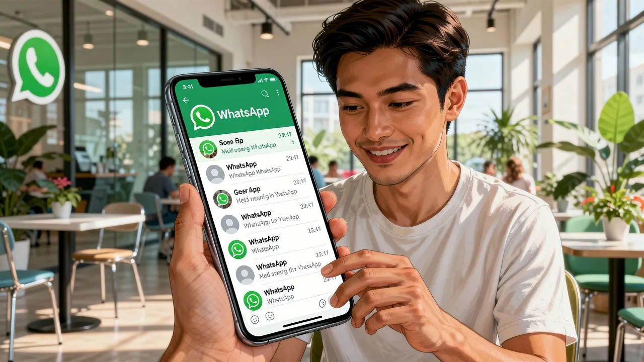 Người sử dụng WhatsApp trên điện thoại thông minh, nền hiện đại, giao diện ứng dụng rõ ràng.