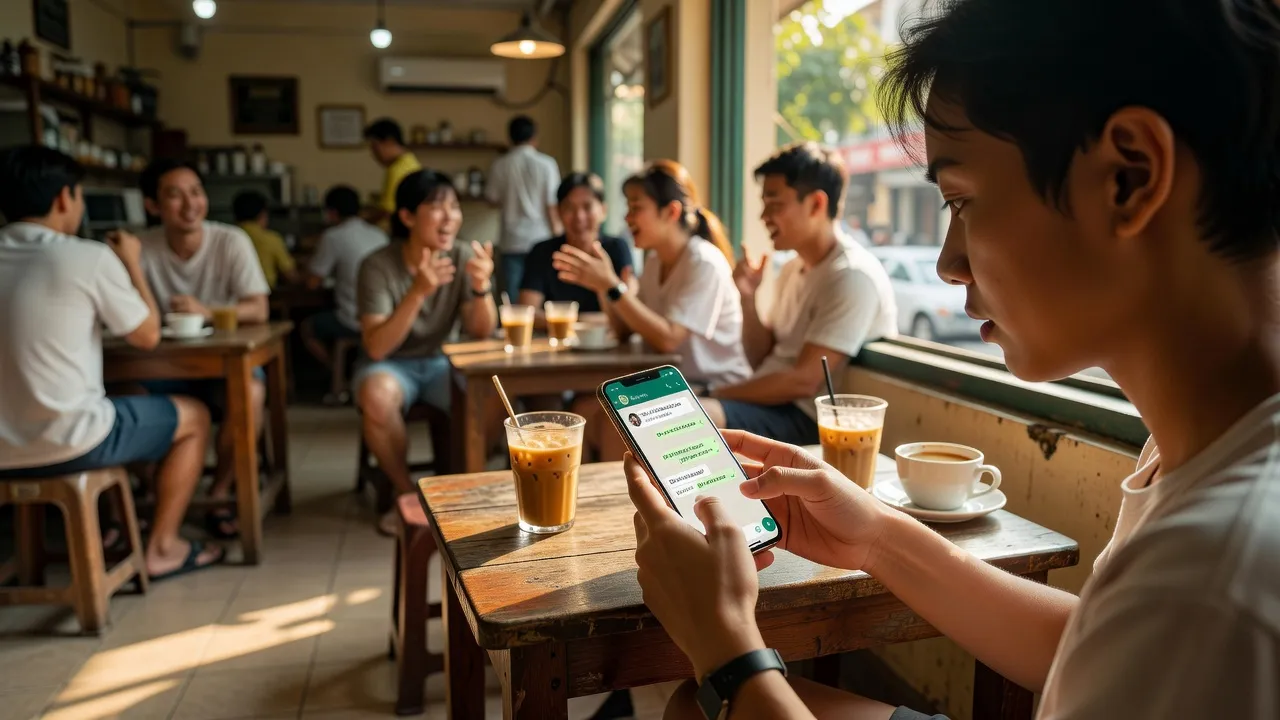 Người trẻ sử dụng WhatsApp tại quán cà phê sôi động ở Việt Nam, nhắn tin và gọi điện miễn phí.
