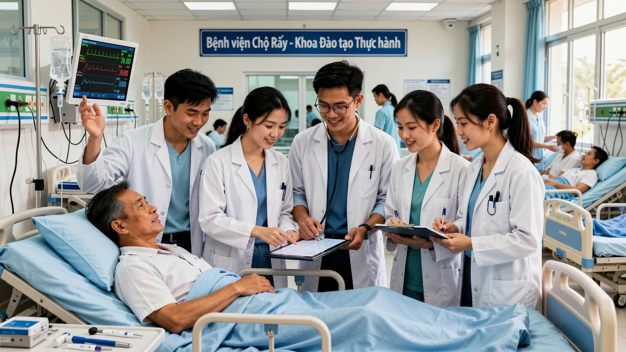 Bác sĩ nội trú tại bệnh viện Việt Nam, sinh viên y khoa đang học hỏi và thực hành.
