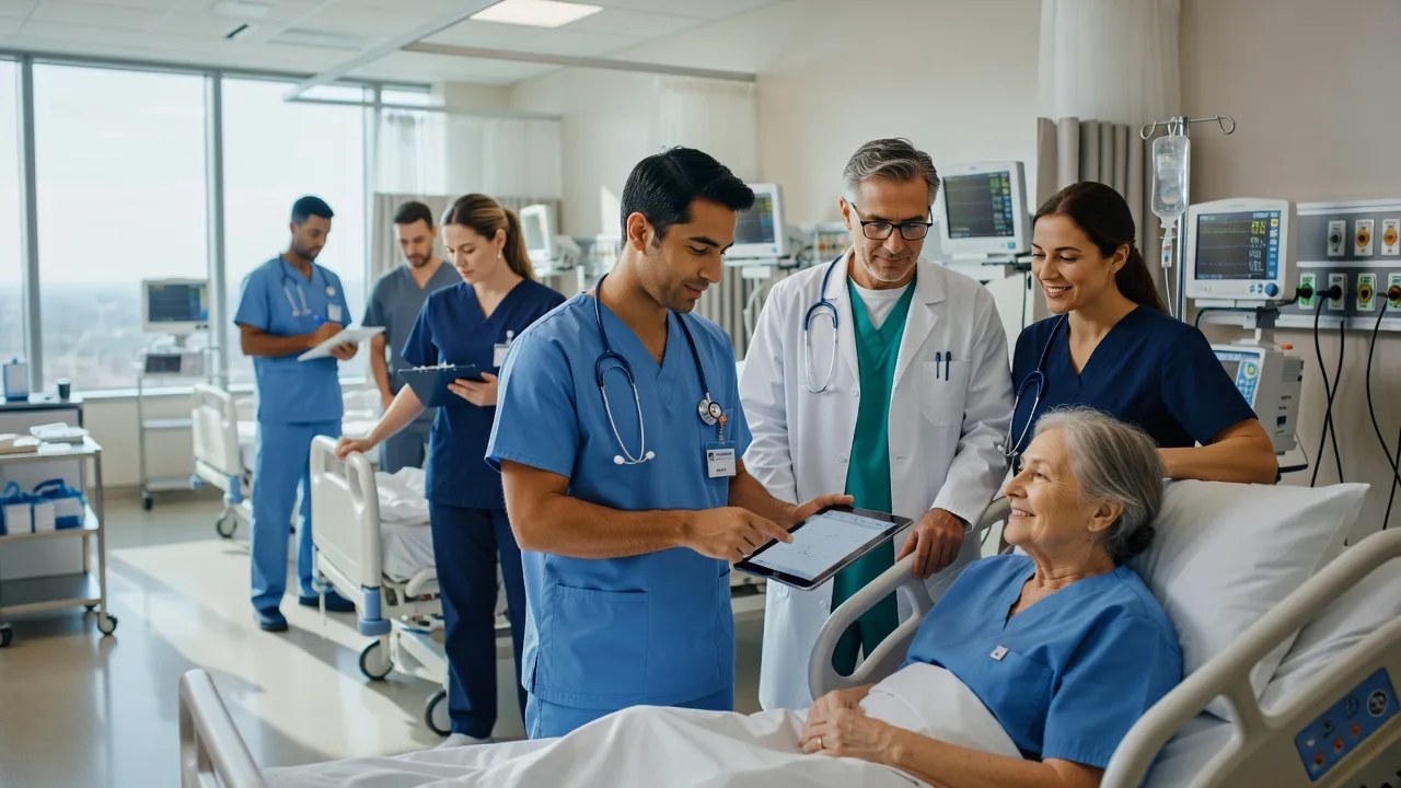 Bác sĩ nội trú trong bệnh viện, tương tác với bệnh nhân và đội ngũ y tế, môi trường học tập chuyên sâu.