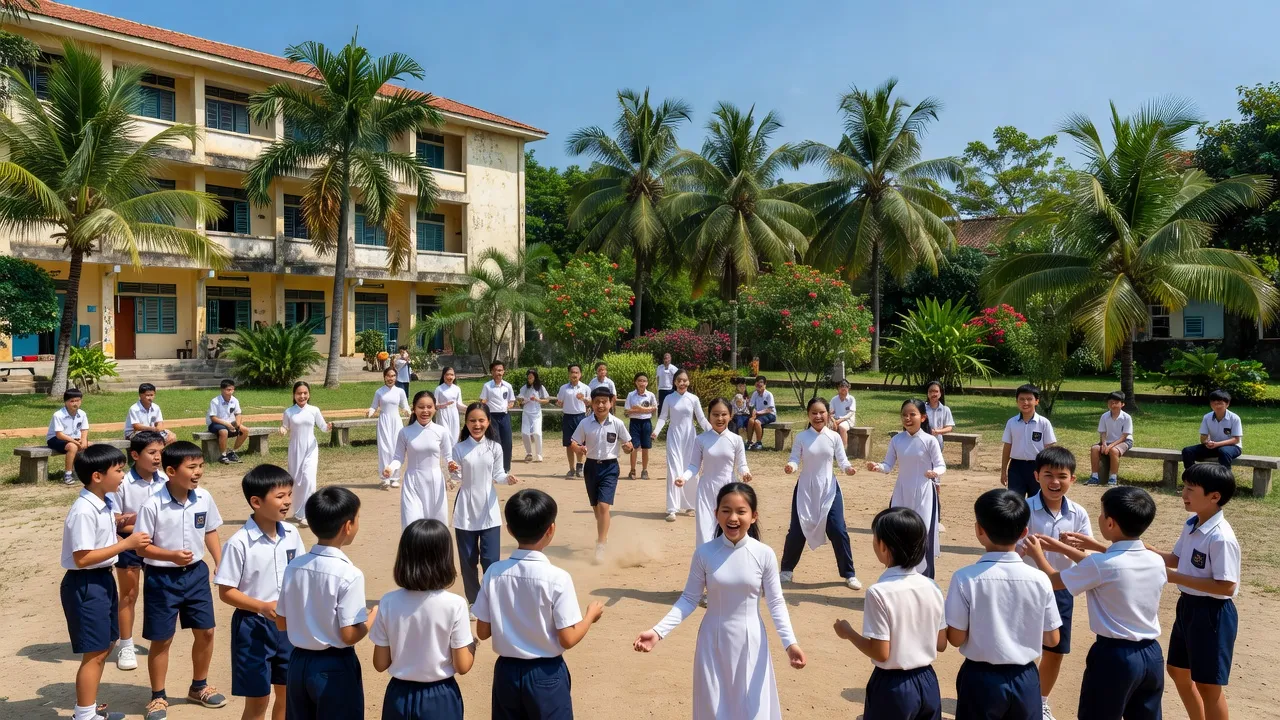 Cảnh sân trường với học sinh khác nhau tại Việt Nam, thể hiện sự tương tác và bạo lực học đường.