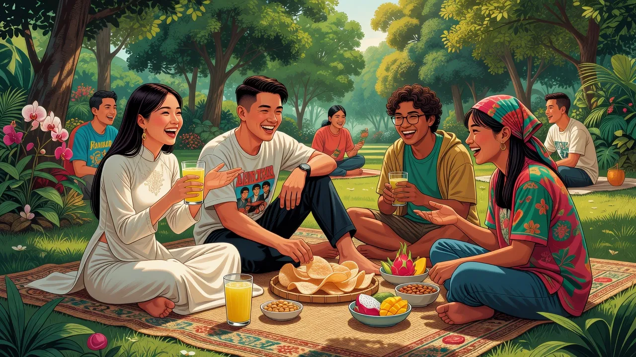 Nhóm bạn trẻ ngồi thư giãn ngoài trời, tận hưởng không khí chill trong công viên Việt Nam.