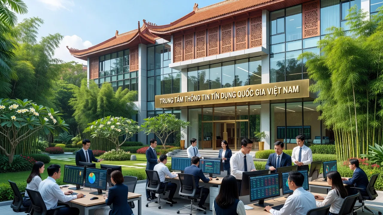 Trung tâm Thông tin Tín dụng Quốc gia Việt Nam với cảnh quan văn phòng hiện đại và nhân viên tài chính làm việc.