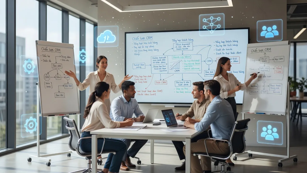 Nhóm người làm việc tại văn phòng hiện đại, thảo luận về CRM và chiến lược quản lý khách hàng.