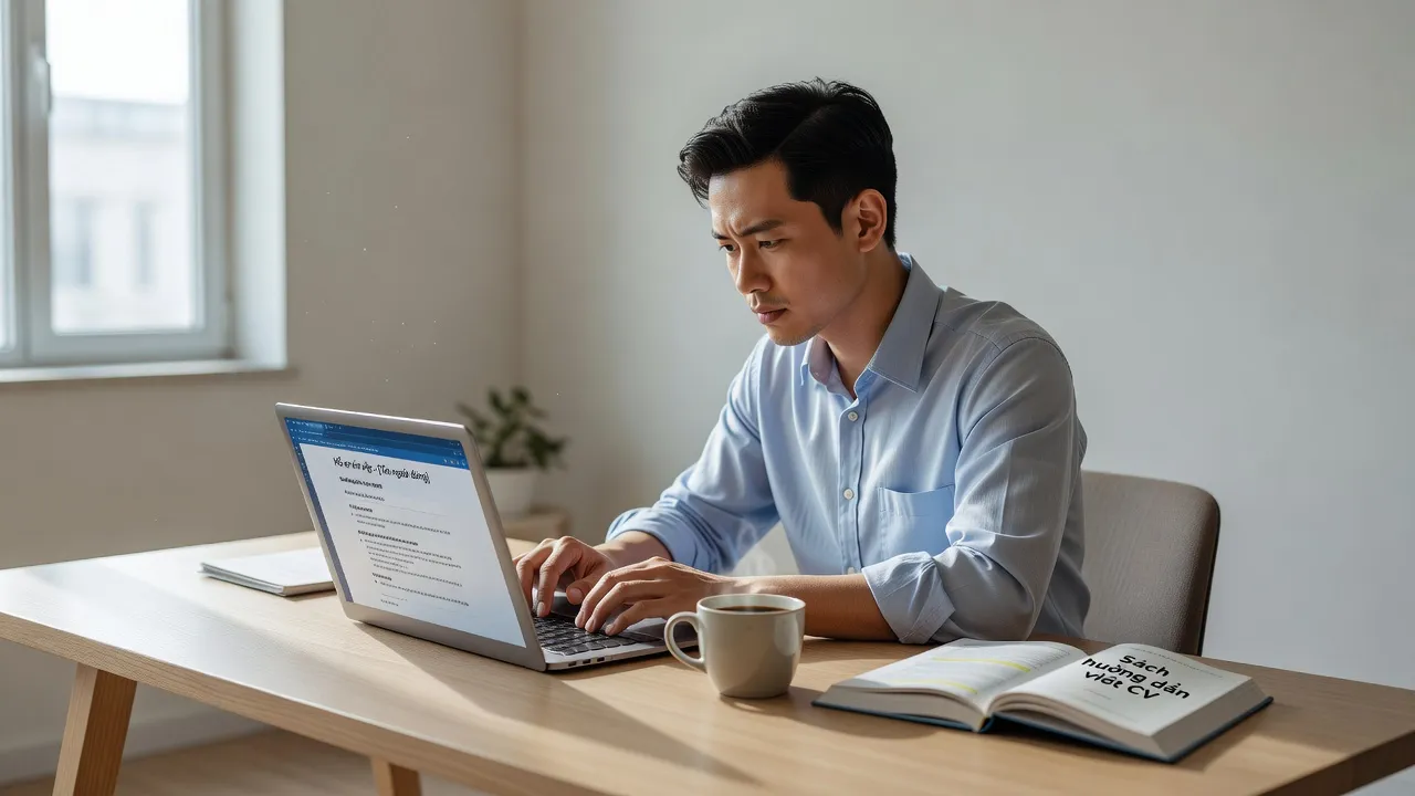 Người trẻ viết CV trên máy tính xách tay, không gian làm việc sáng tạo, thư viện và cà phê.