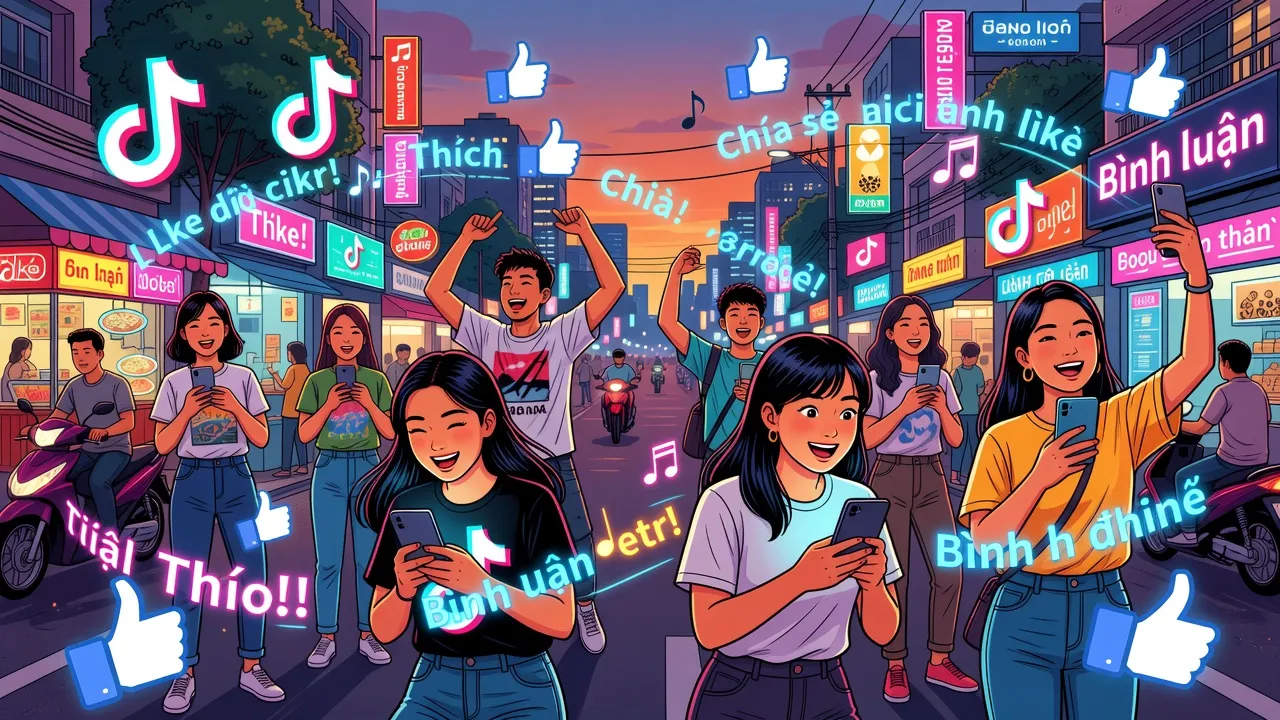 Illustration of young Vietnamese people using social media, exploring the meaning of 'dí', in an urban setting.
