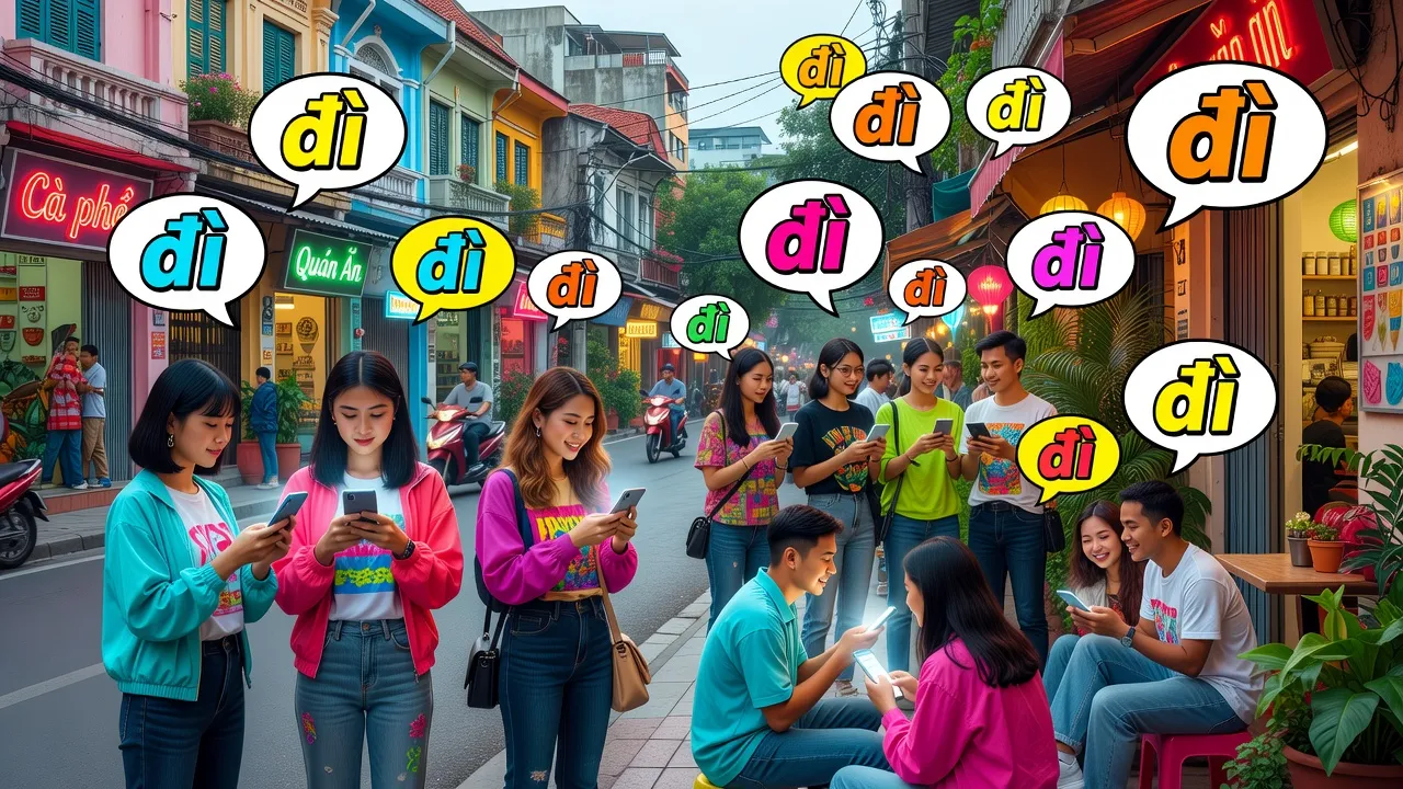 Người trẻ Việt Nam sử dụng mạng xã hội với từ 'dí' trong không gian thành phố hiện đại.
