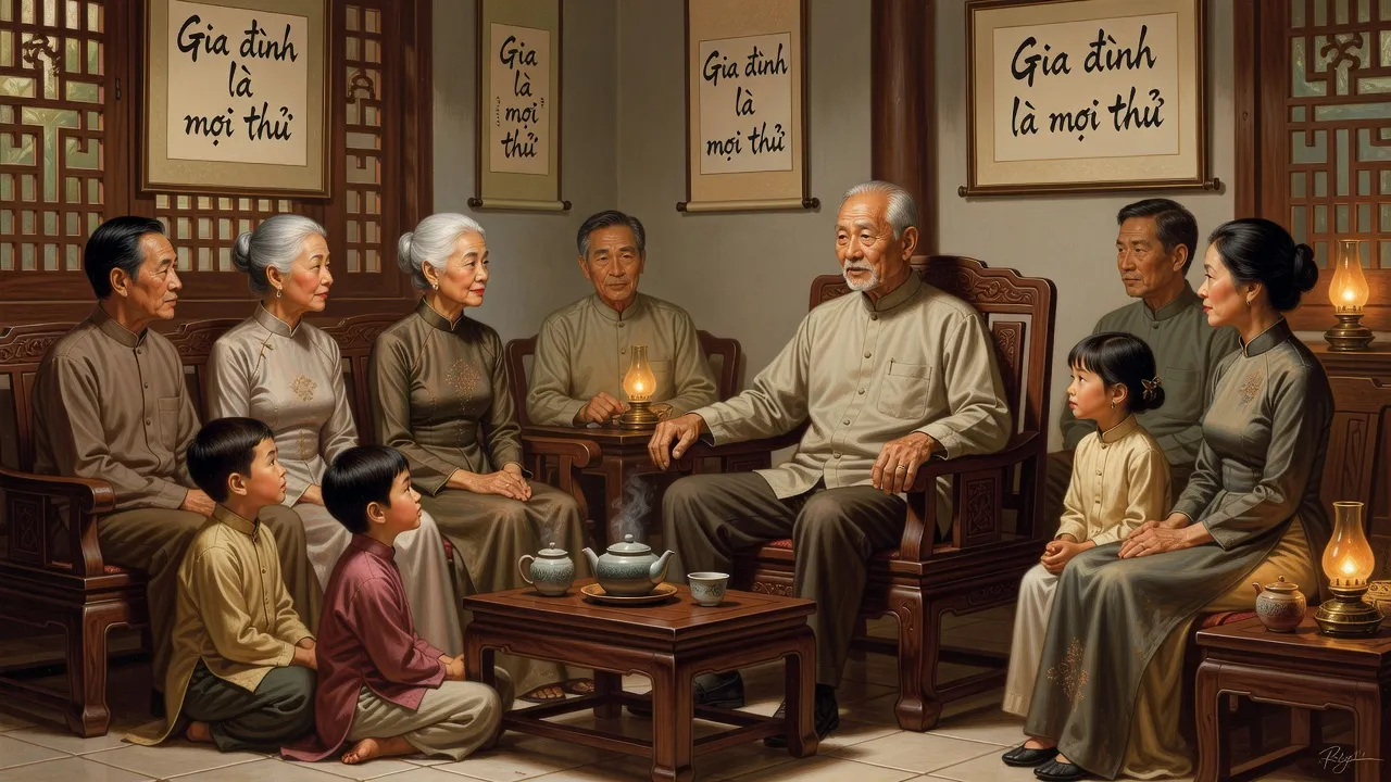 Gia đình Việt Nam với người đàn ông đại diện cho vai trò gia trưởng trong phòng khách ấm cúng.