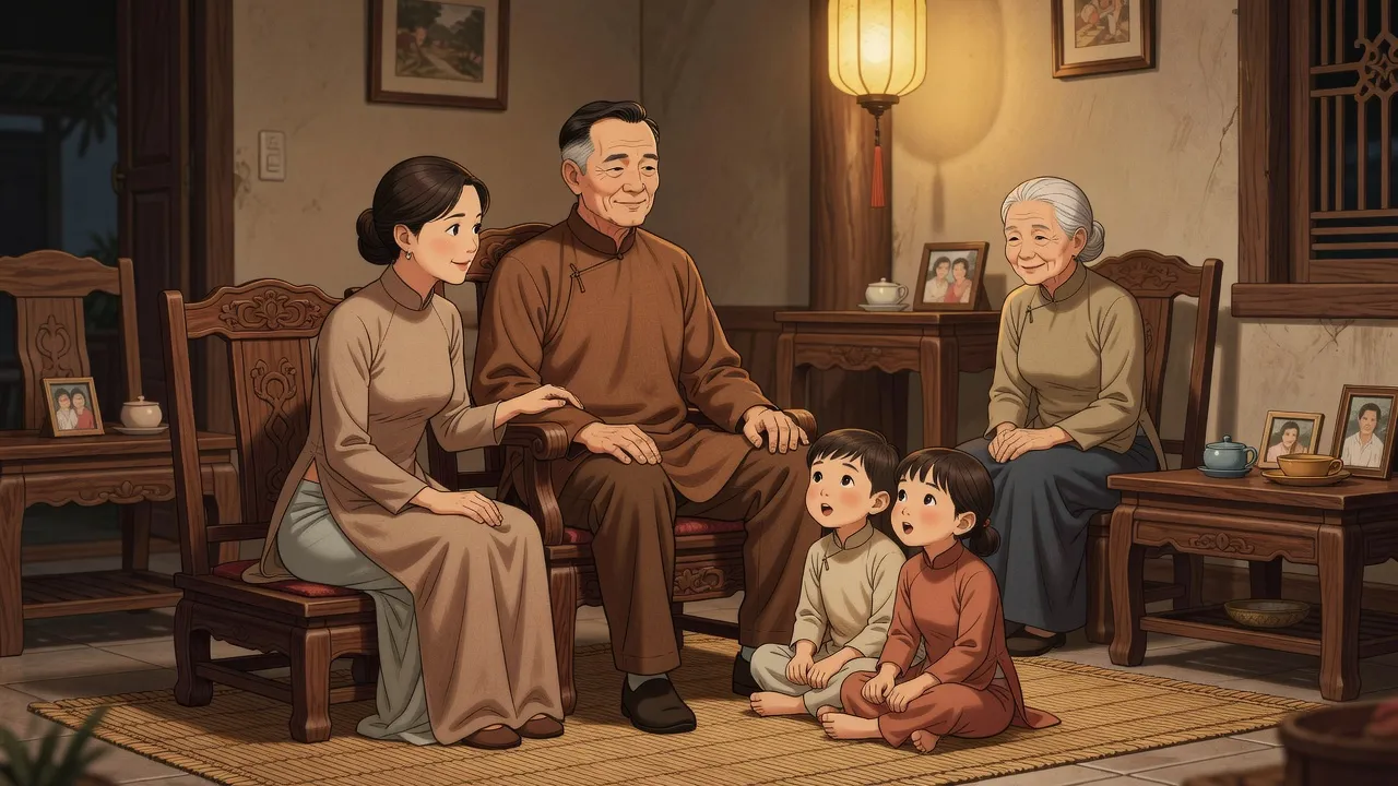 Gia trưởng trong gia đình Việt Nam, người đàn ông giữ vai trò lãnh đạo, không khí ấm cúng và thân mật.