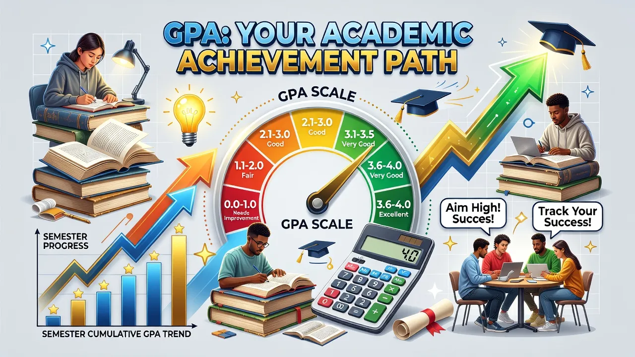 GPA infographic showing academic achievement, grade scale, and studying students in an educational setting.