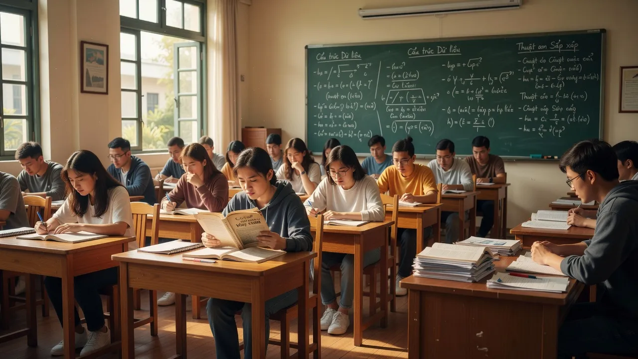 Học sinh trong lớp học chăm chỉ, tài liệu và bảng điểm thể hiện khái niệm GPA tại Việt Nam.