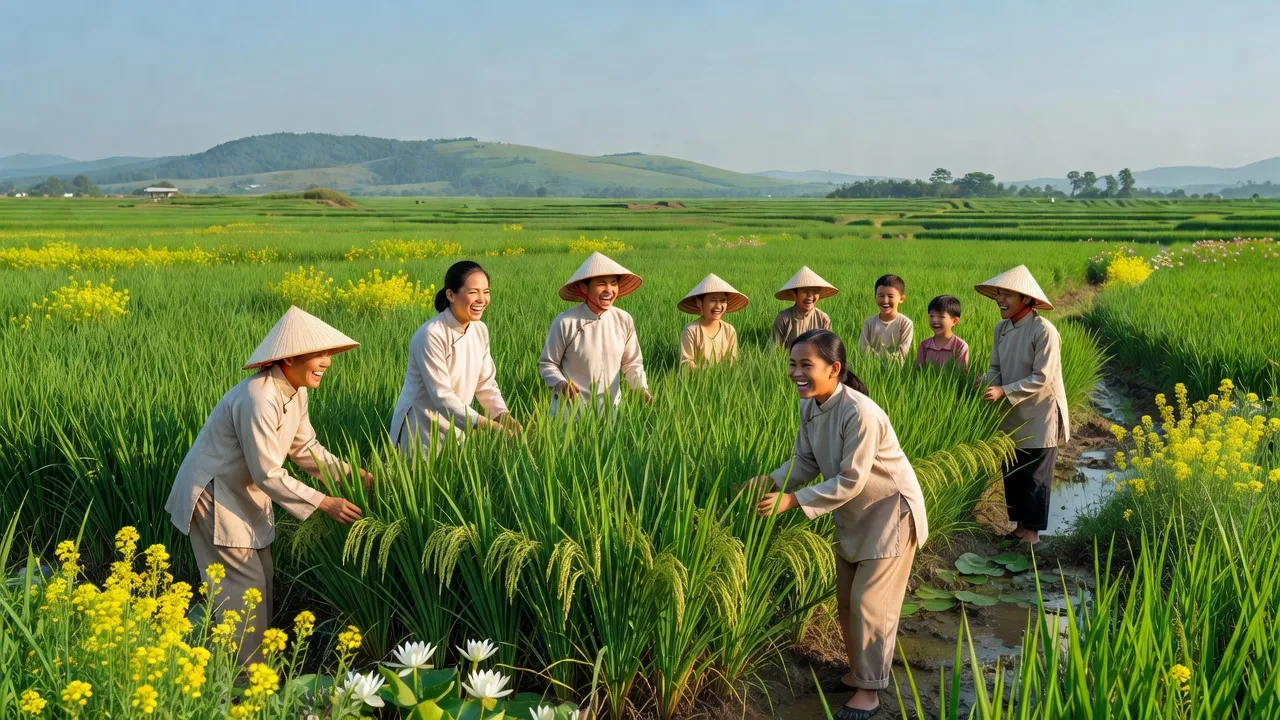 Cảnh quan hạnh phúc ở Việt Nam với người dân vui vẻ trong cánh đồng xanh tươi.