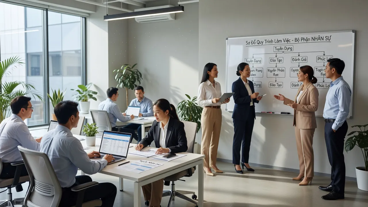 Môi trường làm việc hiện đại với đội ngũ nhân viên bộ phận HR đang trao đổi và làm việc hiệu quả.
