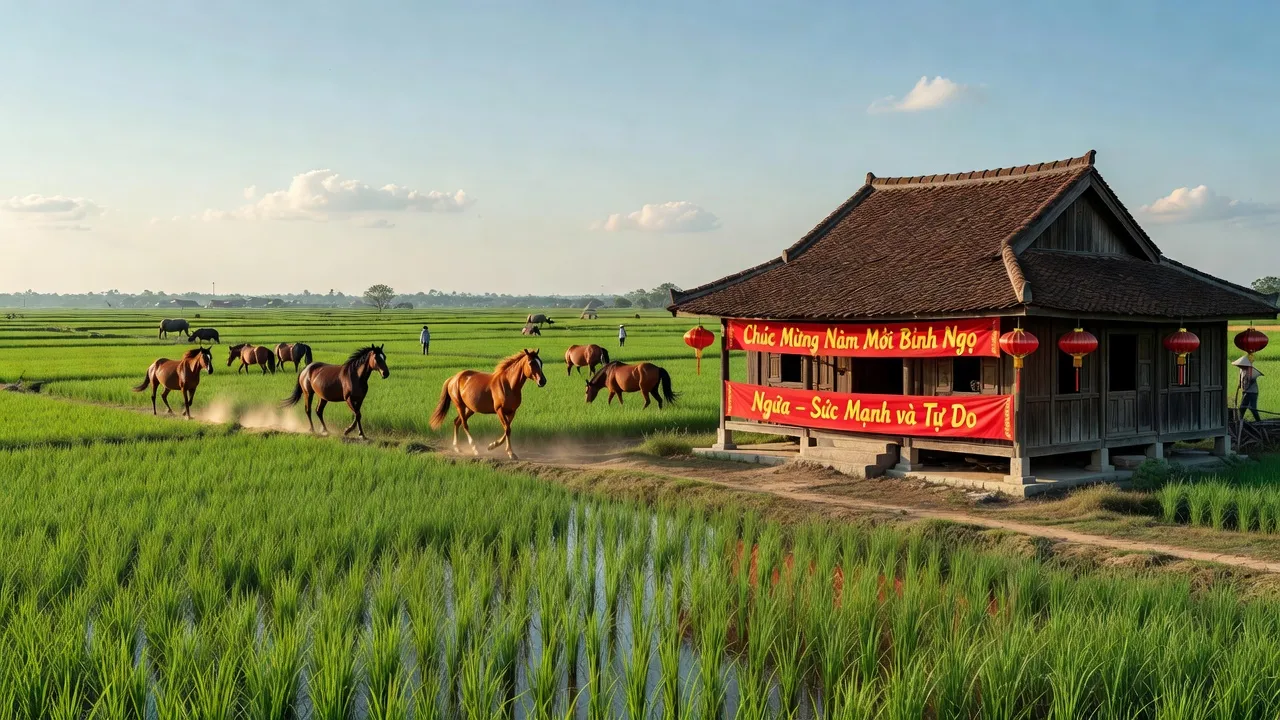 Cảnh đồng quê Việt Nam trong năm Bính Ngọ, với nhà truyền thống và cánh đồng xanh tươi.