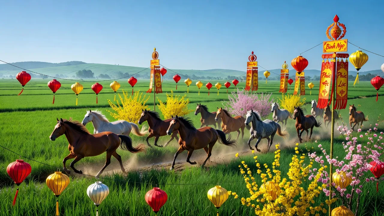 Cảnh thiên nhiên tươi đẹp của năm Bính Ngọ với ngựa và trang trí truyền thống Việt Nam.