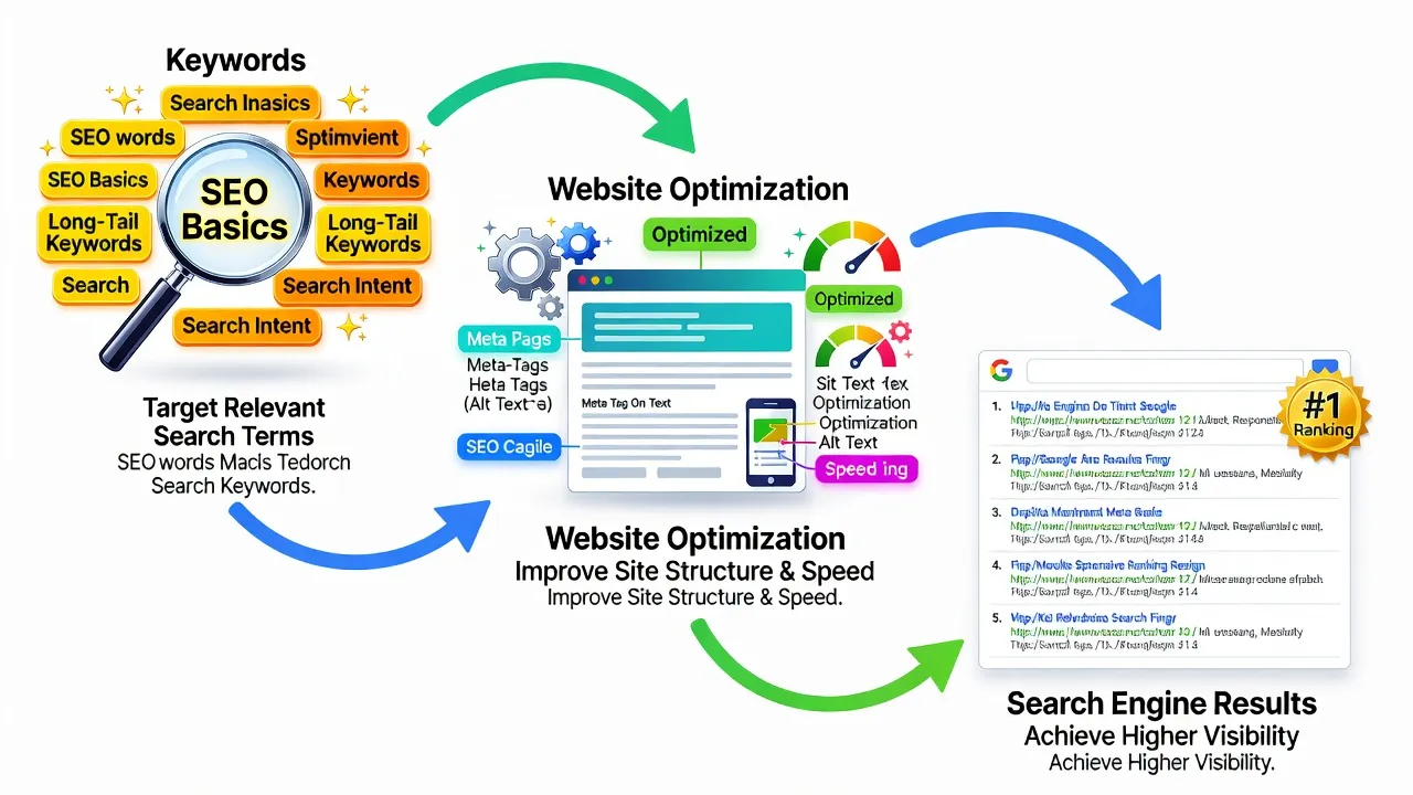Khái niệm SEO, tối ưu hóa website, từ khóa, kết quả tìm kiếm, marketing online, infographic.