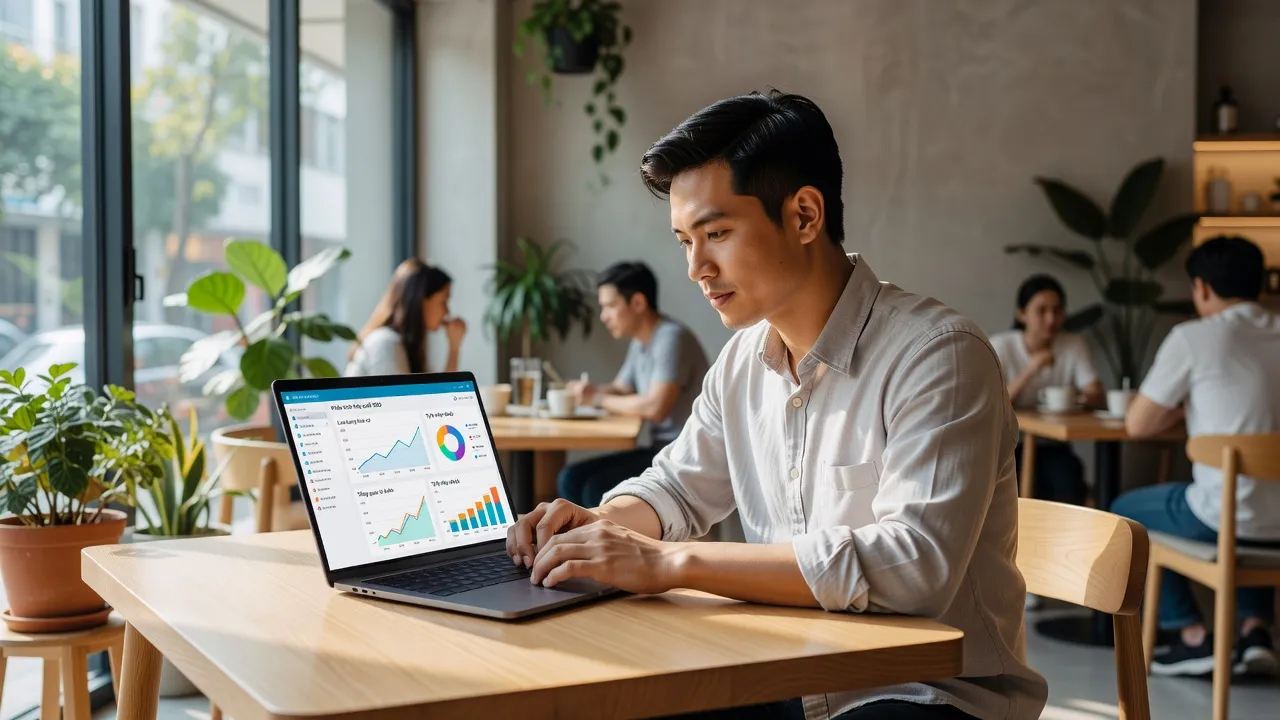 Người nghiên cứu SEO trên laptop tại quán cà phê hiện đại, thể hiện bối cảnh marketing số.