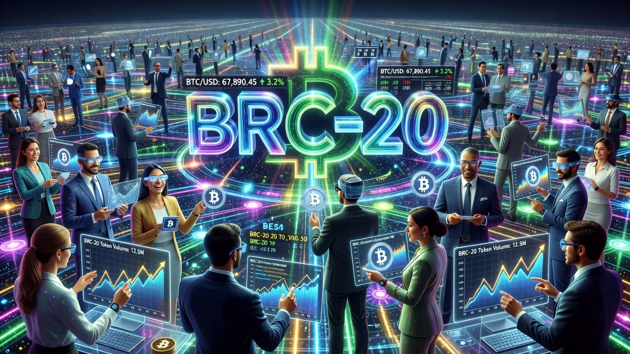 Minh họa về BRC-20 trên blockchain Bitcoin với nhà đầu tư và đồ họa công nghệ hiện đại.