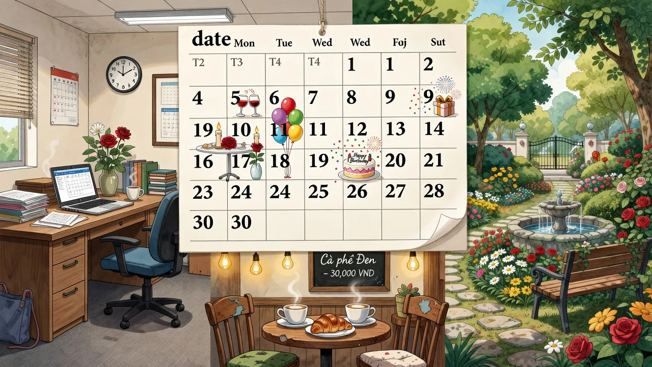 Kalender ngày tháng, biểu tượng các sự kiện và cuộc hẹn, thể hiện khái niệm date trong tiếng Anh.