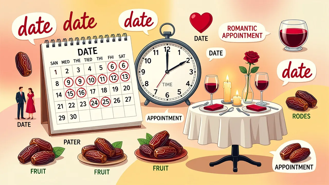 Minh họa đa nghĩa của từ 'date' trong tiếng Anh, bao gồm lịch, thời gian và cuộc hẹn.