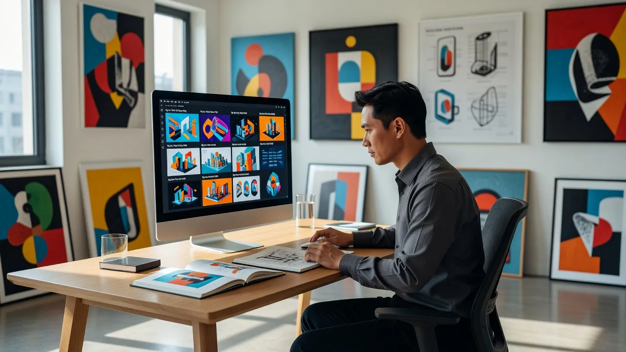 Ảnh minh họa một người kiểm tra portfolio với tác phẩm nghệ thuật và dự án thiết kế, không gian hiện đại.