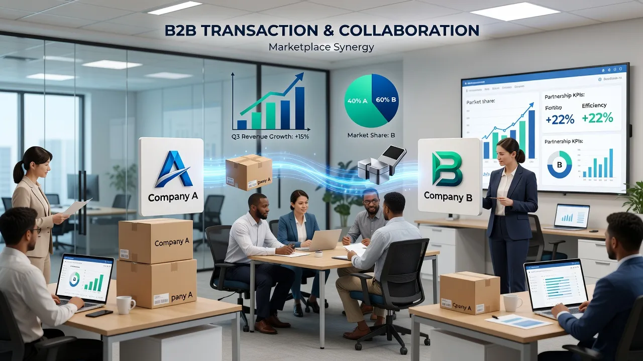 Khái niệm B2B với hai công ty hỗ trợ hợp tác, biểu đồ và sản phẩm, tạo lập quan hệ kinh doanh.