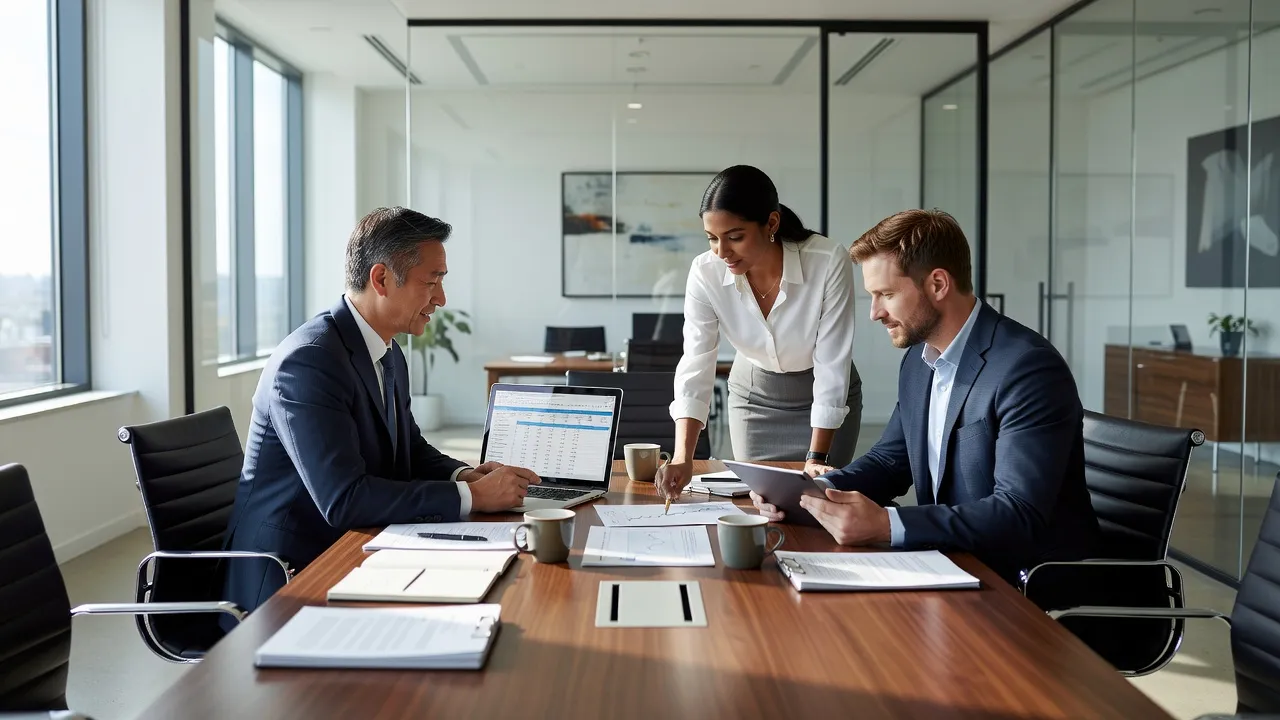 Mô hình B2B trong kinh doanh với doanh nhân thảo luận trong văn phòng hiện đại, hoạt động thương mại.