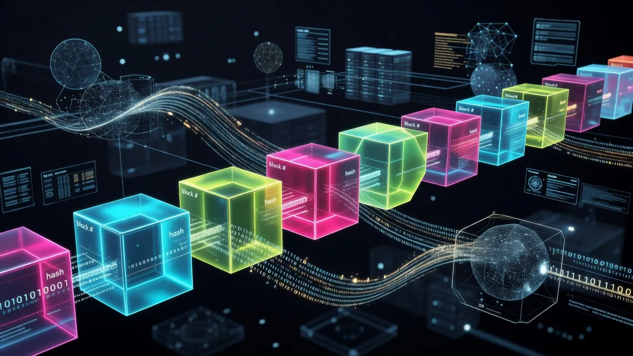 Minh họa công nghệ blockchain với các khối dữ liệu, hiển thị mối liên hệ và tính chất phân tán.