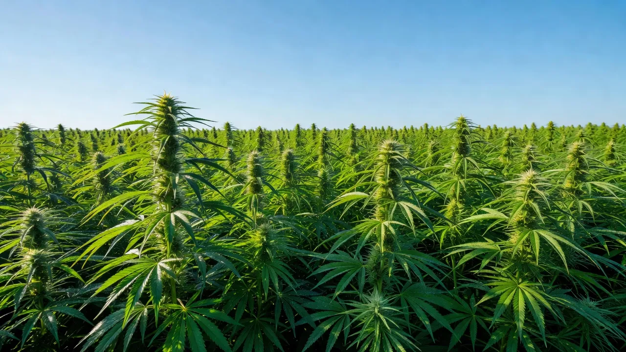 Cây gai dầu tươi tốt với ánh nắng, đặc trưng của cannabis sativa, liên quan đến CBD, trong khung cảnh tự nhiên.