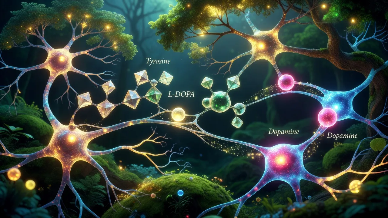 Quá trình tổng hợp dopamine trong não bộ với tế bào thần kinh và amino acid, khắc họa sinh động.
