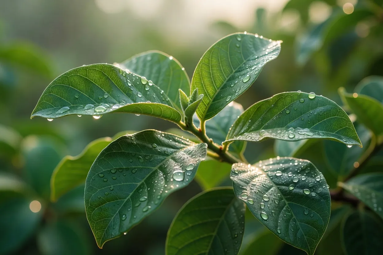 Lá ổi tươi xanh với sương mai, biểu tượng cho sức khỏe và đặc tính tự nhiên tại Việt Nam.