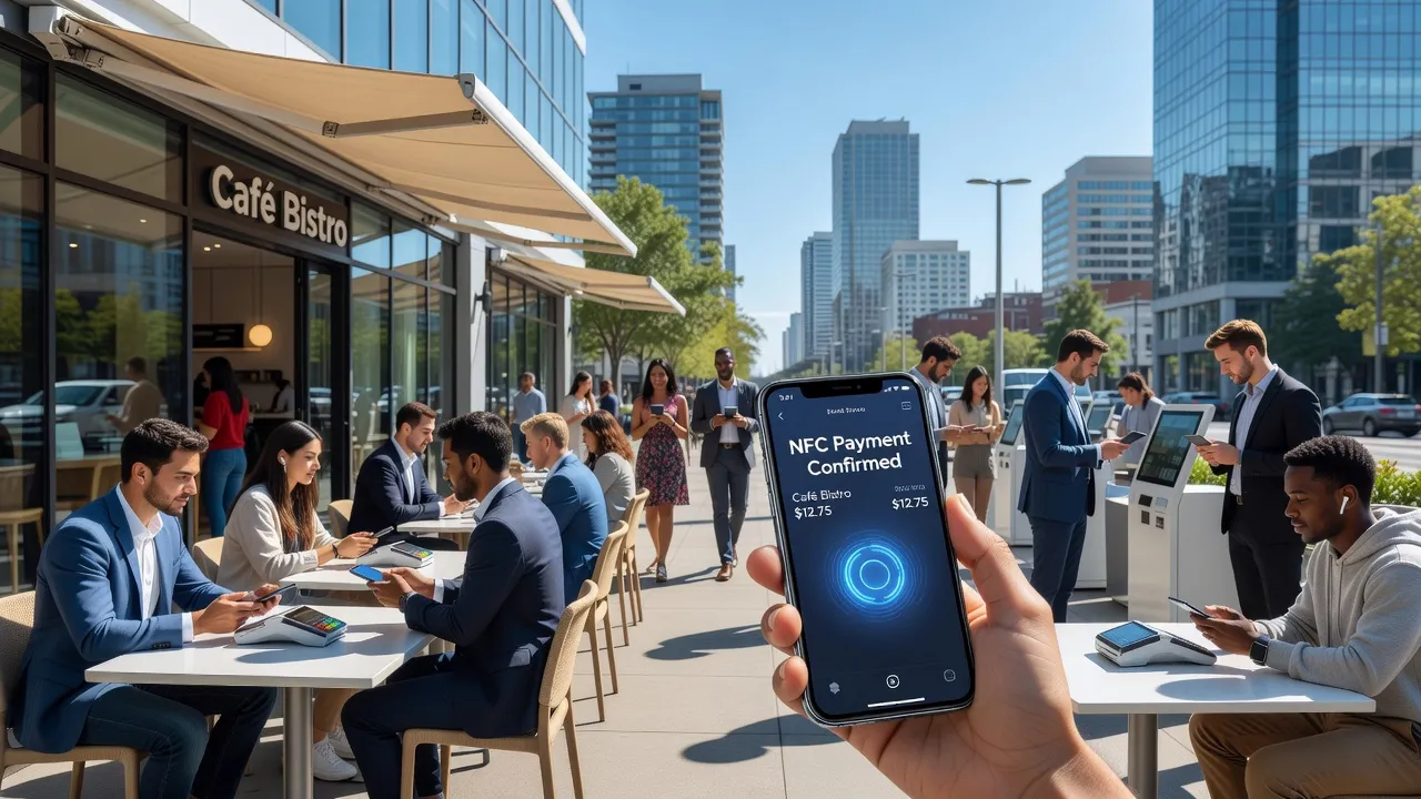 Công nghệ NFC trên điện thoại thông minh, thanh toán không tiếp xúc trong môi trường đô thị, gần gũi và hiện đại.