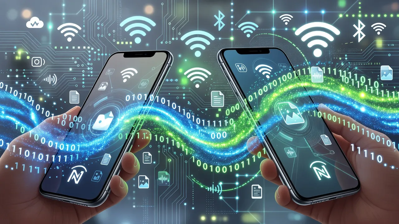 Illustration of two smartphones exchanging data using NFC technology, symbolizing digital communication.
