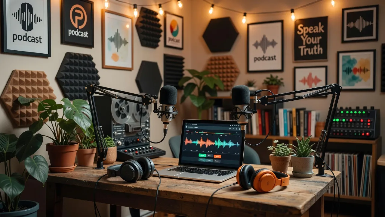 Cảnh studio podcast ấm cúng với thiết bị và không gian sáng tạo tại Việt Nam.