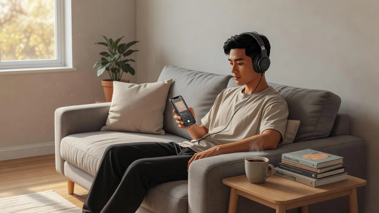 Người nghe podcast trong không gian thư giãn với tai nghe và điện thoại tại nhà.