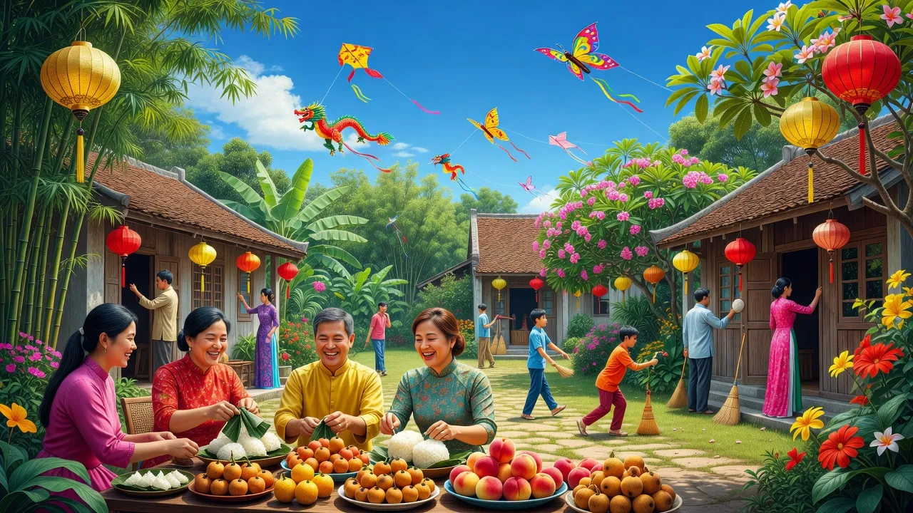 Tết Đoan Ngọ celebrations in Vietnam with traditional food, families, and vibrant outdoor scenery.
