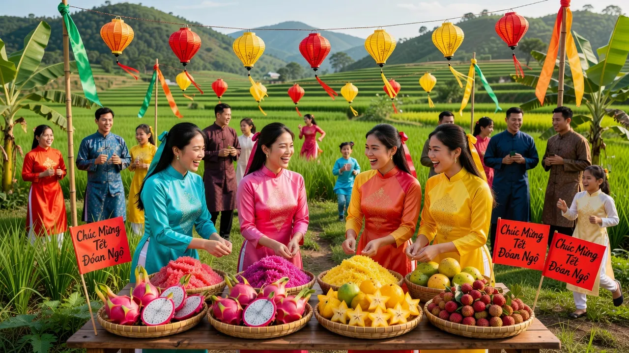 Tết Đoan Ngọ in Vietnam, traditional foods, festive atmosphere, green landscapes, cultural celebration.
