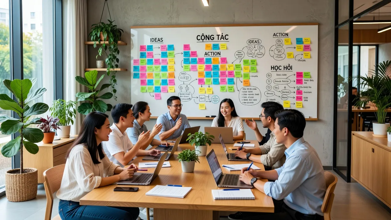 Buổi workshop tương tác cao tại Việt Nam, mọi người thảo luận và chia sẻ kiến thức.